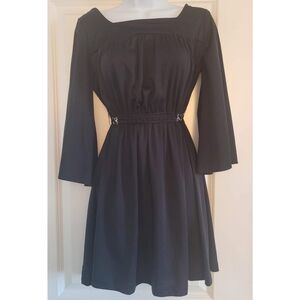 Bell-Sleeve Black Dress with Adjustable Belt, Size Sm-Med